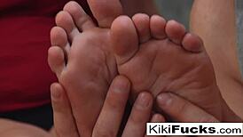 Locker room foot worship and foot job with Kiki