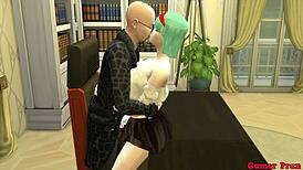 Bulma, the beautiful Japanese MILF wife, CHEATS on her husband by SUCKING the boss's balls right in front of him—netorare hentai episode 5.