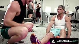 Adult Time - Beefy trainer bareback buttfucks ripped client in public gym setting