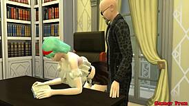 Bulma, the beautiful Japanese MILF wife, CHEATS on her husband by SUCKING the boss's balls right in front of him—netorare hentai episode 5.