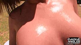 Morgan’s Giant Bubble Butt Oiled Outdoors for Interracial Ride