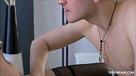 Hot teen babe in stockings rides for an ass creampie