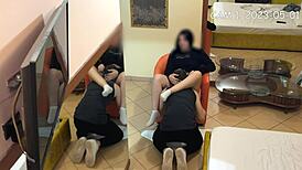 Caught on cam: university boy licks petite brunette's pussy