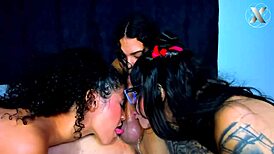 Three Girlfriends Dominate Lucky Guy with Triple Blowjobs