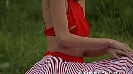 Natural tits brunette Sade Mare teases sensually outdoors in slow motion