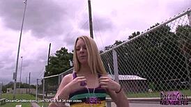 all natural blonde lexi lifts her skirt and flashes everything outdoors