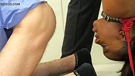 Suspended ebony teen 18+ bent over for anal.