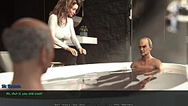 A wife and stepmother washing old gents in 3D anime game HD