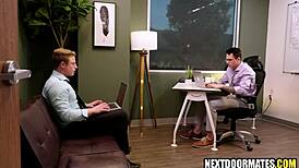 Office clerks Jayden Marcos and Logan Aarons get horny with bareback rimjob action.