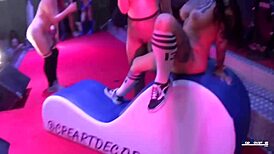 Real lesbians in a public European threesome