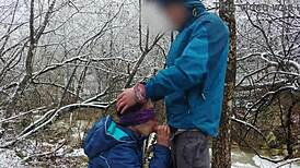 Public blowjob and cum swallow near mountain river