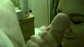 asian handjob leads to cum facial sucking
