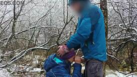 Public blowjob and cum swallow near mountain river