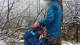 Public blowjob and cum swallow near mountain river