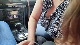 Blowjob in the car turns into hardcore public deepthroat action