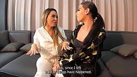 Two fiery latinas engage in threesome with big cocks on pool table, sucking and fucking