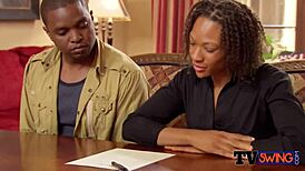 chocolate wife gets steamy with another chick during hot foreplay before swapping