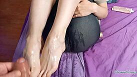 While She Was Jerking Off My Cock With Her Legs I Peed On Them And Cum—Fetish Footjob Session.