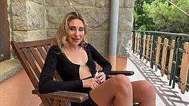 Blowjob on balcony leads to hot outdoor sex and footjob near pool