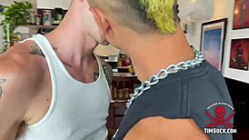 leo deepthroats sam's monster cock with spitting and sucking