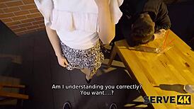 european brunette in stockings delivers fast food while being watched in reality.