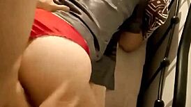 French Amateur Slut in Black Leather Pants Bent Over for Doggystyle and Rimjob