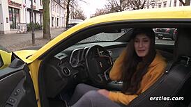 Milena's Hot Camaro Ride Flashes Shaved Pussy