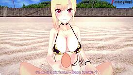Cartoon porn: Marin Kitagawa on the beach in her red bikini