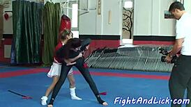 Cheerleader Boldly Licks Babe's Ass In Tight Spandex