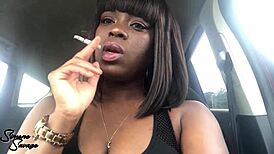 a cigarette in the car turns into a wild ebony domination scene with smoking hot control