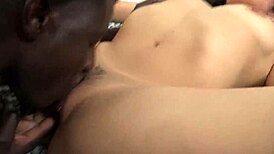 Black guy licks inexperienced Latina brunette's natural tits and pussy