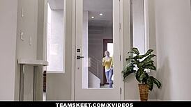 Tight teen 18+ brunette Alex Coal in glasses rides cock doggystyle for hardcore creampie