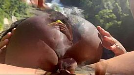 Brazilian pornstars in double penetration blowjob at waterfall