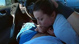 Bold milf swallows cum in the car during fetish blowjob.