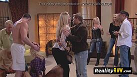 hot swinger brunette enjoys pussy licking from horny strangers in orgy game