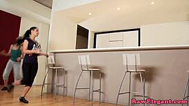 Busty lesbian fucks her pussy with a cucumber. Close-up of the action.