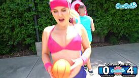 in this outdoor contest she masturbates bent over for blowjob and doggystyle on basketball court