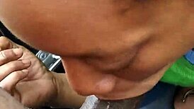 Slutty ebony amateur sucking my cock outside in public spot. Watch her swallow every drop.