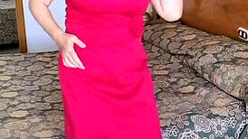 hot milf mariaold teases in red stockings and high heels, showing off her huge tits, shaved pussy, and ass.