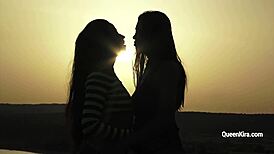 hey, check out busty russian kira queen in hot lesbian action with a sexy brunette