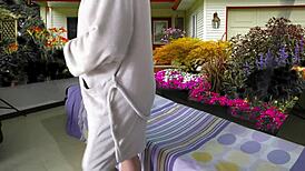 Taking care of my shaved baby outdoors.