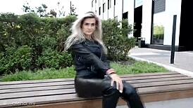 Russian Blonde in Leather Teasing with Sexy Moves