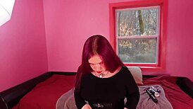 cute redhead tranny pinky with chubby ass gives sloppy blowjob for cumshot