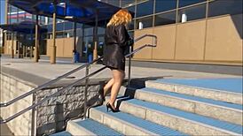 Flashing Boobs And Miniskirt While Crossdressing As Sexy Secretary In See-Through Outfit With High Heels