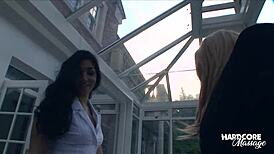 Leah Jaye and Alicia Rhodes massage a cock together? Hardcore threesome licking.