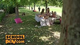 A POV view of three teen sluts getting it wild in a foursome