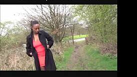 yo, see this ebony brit flashing shaved pussy outdoors in public!