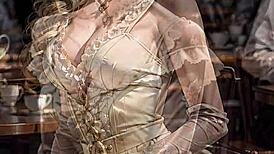 An elegant blonde in a Victorian dress flashes her upskirt in public, drawing attention outdoors.