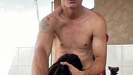 Tattooed teen bent over for doggystyle blowjob