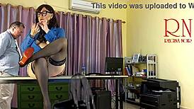 giant secretary in tight lingerie shocks manager by sitting on office desk